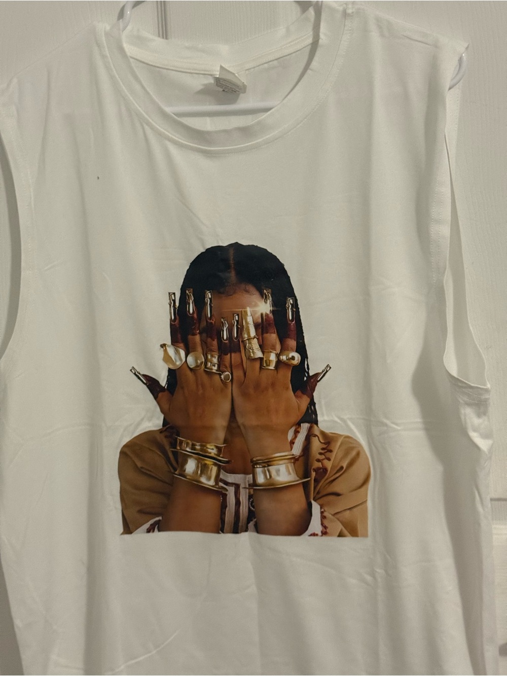 White Sleeveless Graphic Tank Top with Gold-Accented Photo Print